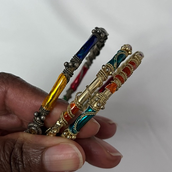 Lot Of Three Gold Tone Textured Rope Design Thin Bangle India Bracelets - Picture 1 of 16